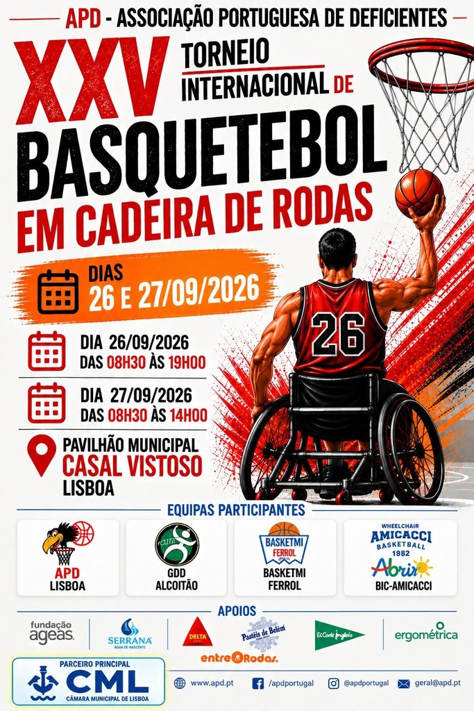 Cartaz do XXV Torneio Internacional de Basquetebol em Cadeira de Rodas dos dias 26 e 27 de setembro. Imagem com atleta em cadeira de rodas a levantar uma bola em direção ao cesto.
